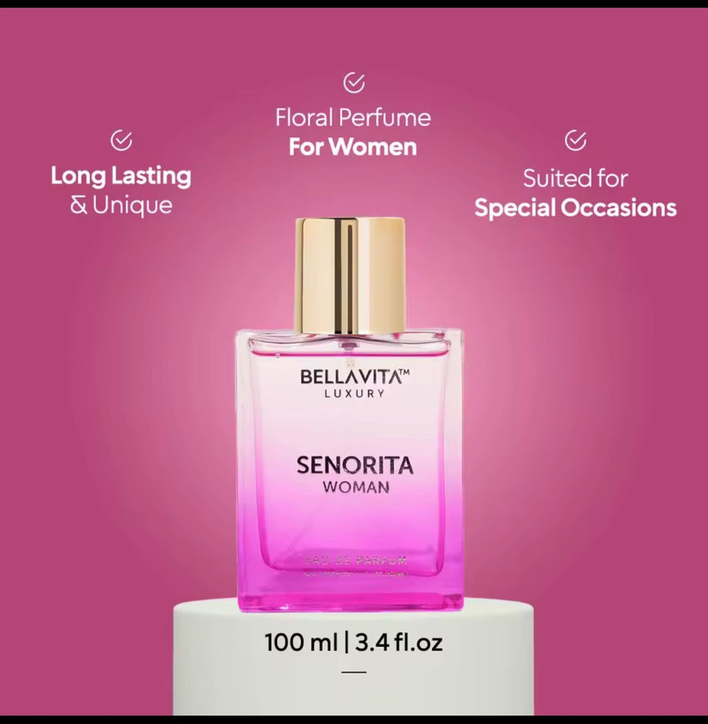 BellaVita Luxury SENORITA Perfume for Women (3.4 fl.oz) | Floral & Fruity Fragrance with Pomegranate, Mint & Musk | Notes of Yuzu and Lotus | Vegan & Cruelty-Free Womens Perfume